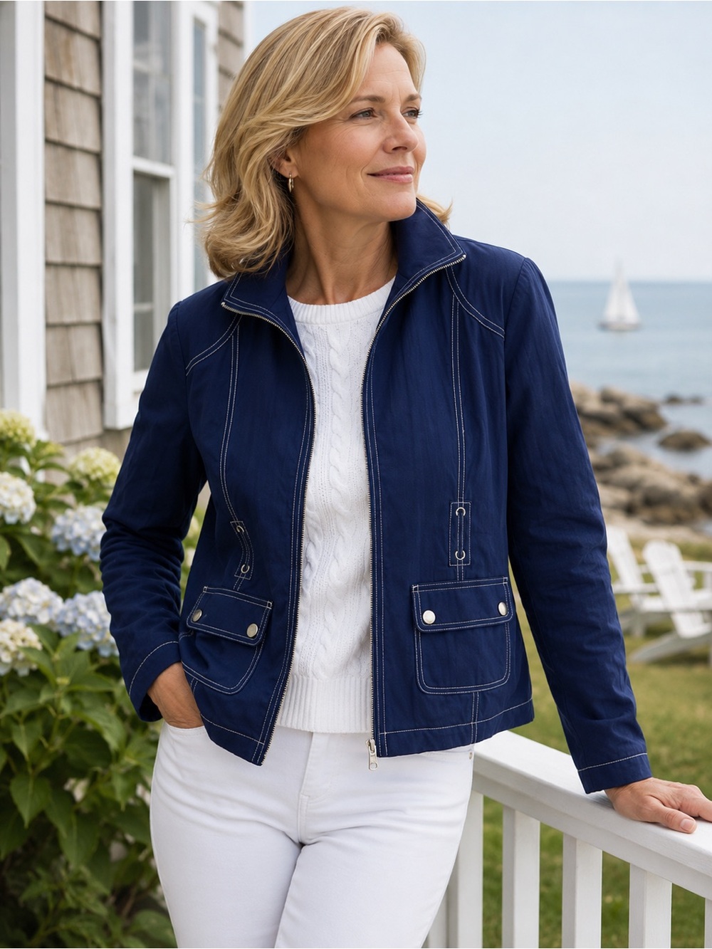 Monterey Bay Navy Contrast Stitch Zip Jacket Petite Small Coastal Preppy